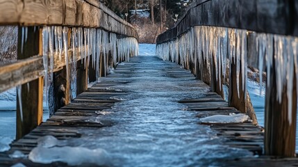 Fototapeta premium Icy bridge planks, winter scene, frozen water.