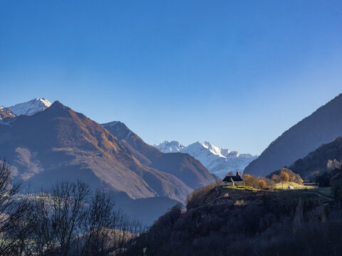 Photograph of Saint-Savin, a French commune located in the Hautes-Pyr&eacute;n&eacute;es department, in the Occitanie region in winter.