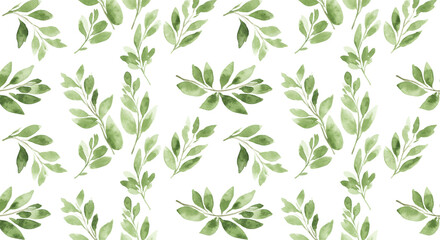 Watercolor pattern featuring green leaves and branches on a white background in a seamless design
