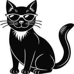 cute cat silhouette icon vector illustration, stylist cat wearing sunglass icon, black and white silhouette cat.