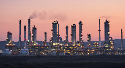 Fototapeta premium Industrial Refinery Complex at Dusk Oil Processing Plant Petrochemical Industry