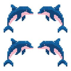 Fototapeta premium A symmetrical design of four pixelated dolphins in a jumping pose against a white background