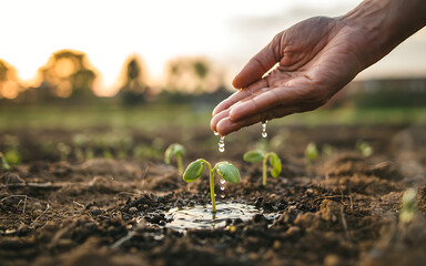 Nurturing Growth Hand Watering Seedlings in a Field at Sunset Agriculture, Sustainable Farming, and Environmental Stewardship
