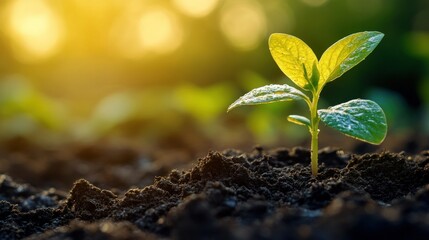 New sprout emerging from rich soil, bathed in morning sun