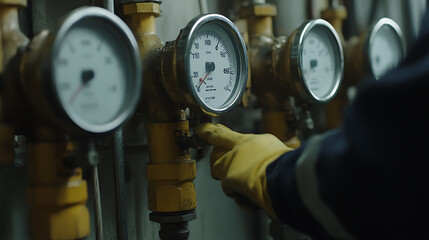 Pipeline engineer verifying operational gauges on a pipeline control panel. Featuring gauge verification