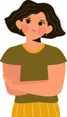 Cartoon thinking woman with question. Female is confusing. Thoughtful girl. Thinking solving problem