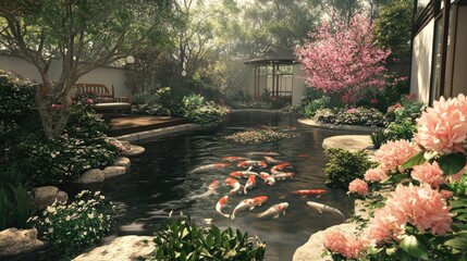 Obraz premium Serene garden pond, koi fish, flowering plants.