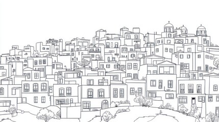 Fototapeta premium European Village Line Drawing, Coloring Book, Illustration, Background, Print, Postcard