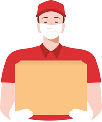 Delivery man holding cardboard boxes in medical rubber gloves and mask. Online shopping delivery.