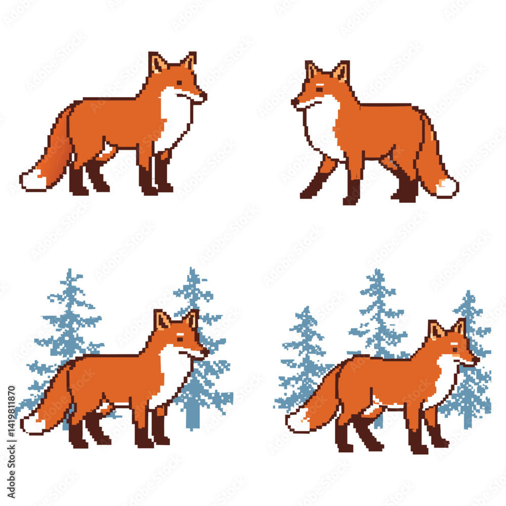 Poster a charming seamless pattern featuring pixelated red foxes in various poses against a backdrop of win