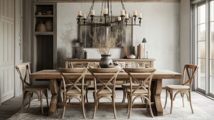 Rustic dining room with wooden table and decor elements