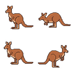 Fototapeta premium This image features four pixel art representations of kangaroos in various poses