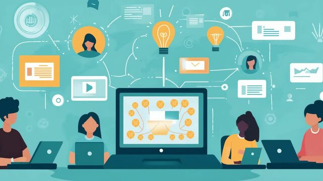 A group of people are working on a computer screen with a lot of icons and a lot of people
