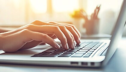 Woman's Hands Typing on Laptop Keyboard in Bright Office