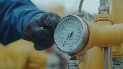 Pipeline technician checking pressure gauges on industrial equipment. Featuring pressure monitoring