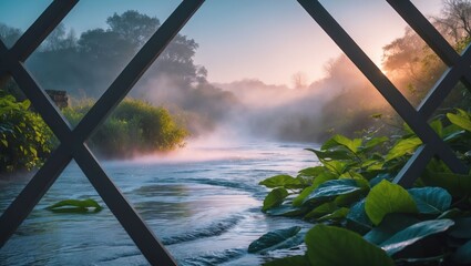 Flowing River Through Misty Landscape Seen Through Window Lattice