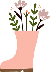 Hand drawn cute Spring flower bouquets in rubber rain boot garden shoes illustration