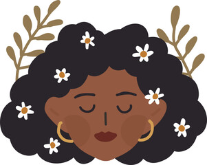 International women day Black African american woman face with daisy flowers Girl power and feminism