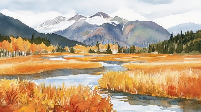 Autumns Embrace Golden marsh reflects snowcapped peaks