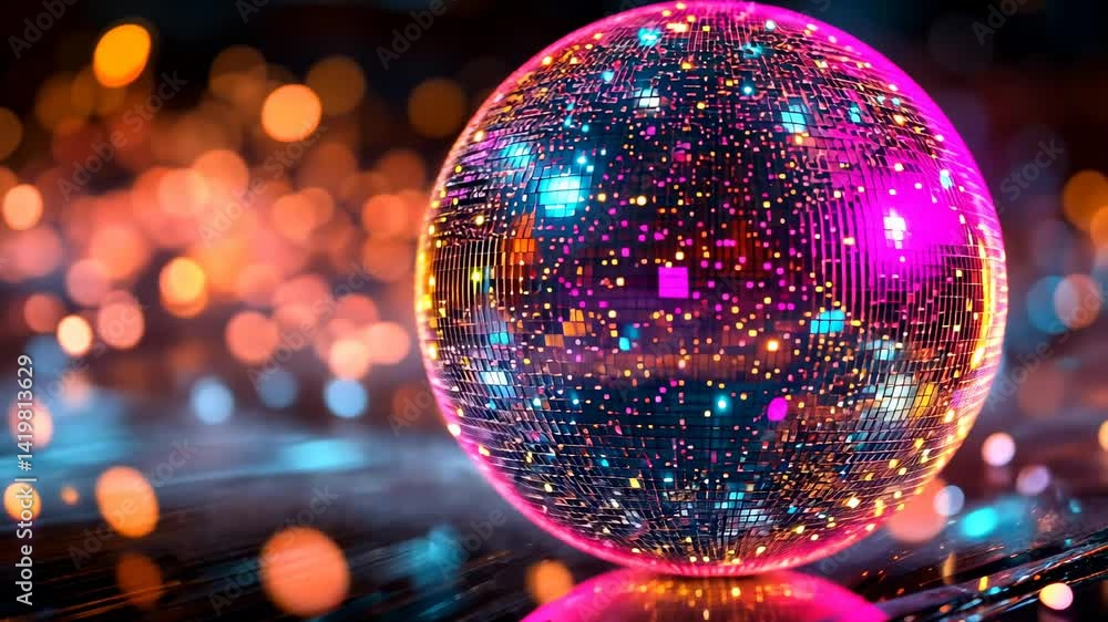 Poster glowing sphere with digital patterns on bokeh orange and blue background