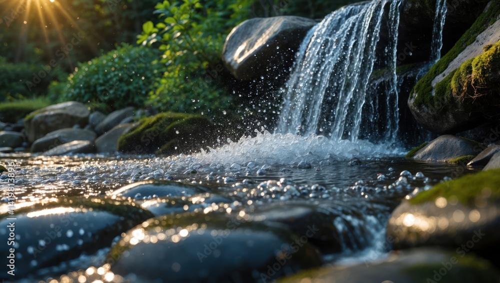 Poster cascading waterfall flows over rocks into stream at golden hour