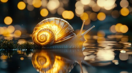 Golden snail on water, glowing shell
