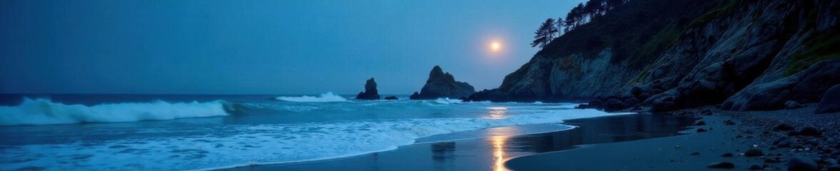 Fototapeta premium Moonlight illuminates Rialto Beach's dramatic cliffs and rocky shore , travel, Pacific Ocean