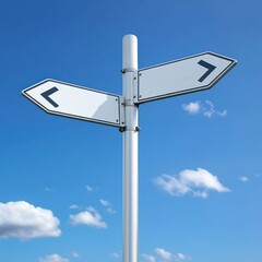 A clear directional signpost with blank white panels points left and right against a vibrant blue sky with fluffy white clouds providing a choice or decision concept.