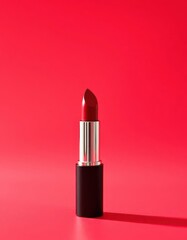 Crimson lipstick tube, sleek design, vibrant red backdrop, close up, studio shot, red