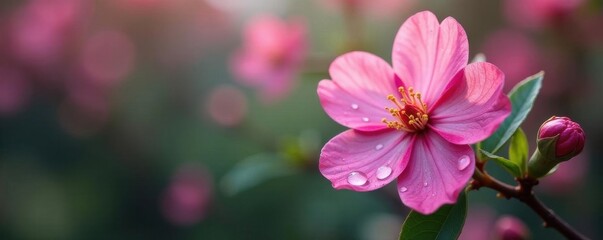 Obraz premium Pink blossom, glistening raindrop, natural garden setting, petals, vibrant, nature