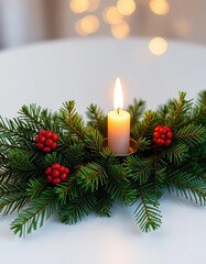 Elegant evergreen branch with burning candle in decorative clip, close-up, tree, still life