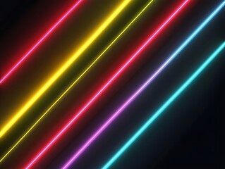 Fototapeta premium Diagonal neon lines of vibrant color on a dark background.