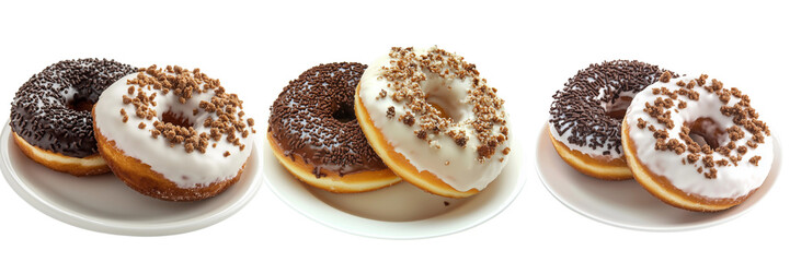 Set of a, A photo of two donuts, one with chocolate sprinkles and the other covered in white icing on top of an all-white plate,  isolated on a transparent background.