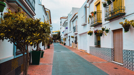 Charming narrow street in Old Town Estepona, Spain, enhanced with abundant shrubs and flowers.