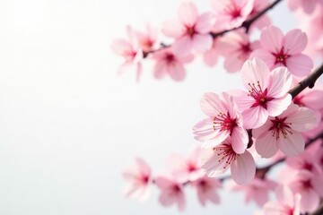 Fototapeta premium Delicate pink sakura blossoms, scattered on white , petals, floral pattern, bloom