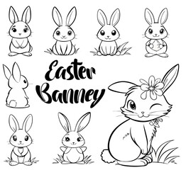 set of easter rabbits black and white, banney in lineart vector graphic