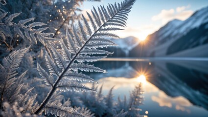 Icy Fern Frond Overlooking a Calm Mountain Lake at Sunrise