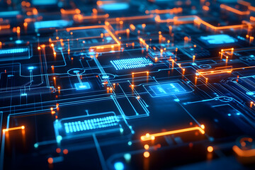 Obraz premium Abstract digital circuit board glowing with blue and orange light, representing technology, data flow, and connectivity. Perfect for tech, AI, and innovation concepts.