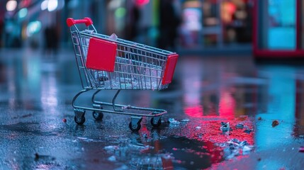 Lonely Shopping Cart in the Rainy City Night