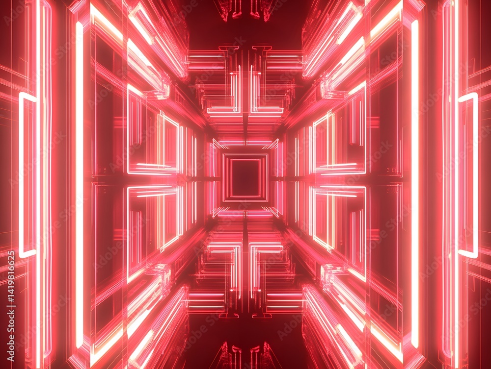 Poster red neon tunnel with geometric patterns.