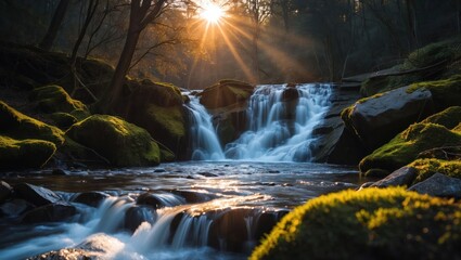 Cascading Waterfall Flows Through Lush Forest with Beautiful Sun Rays