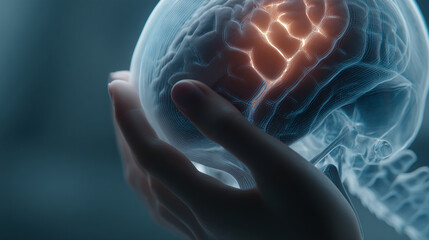 Hands gently cradling a translucent brain model with internal light, showcasing neural pathways and activity, symbolizing intellect, care, and neurological health