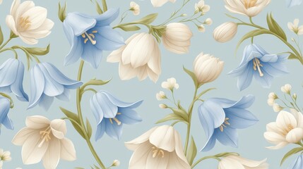 Delicate floral pattern featuring blue and white blossoms on a soft blue background.
