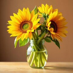 Fototapeta premium Sun-drenched sunflowers in a simple glass vase , sunshine, golden, shadow