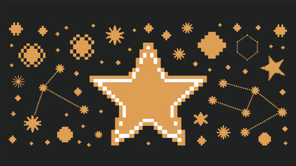 A captivating graphic design showcasing a large, pixelated star, surrounded by various pixelated constellations and celestial objects against a dark background