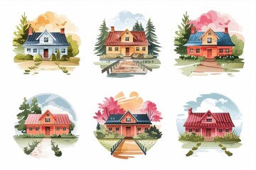 Six picturesque, colorful illustrations of charming, rustic houses.
