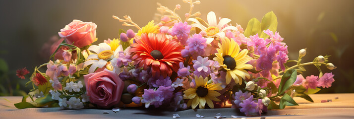 Vibrant floral arrangement with roses, daisies, and sunflowers in soft golden light