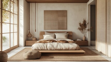 Obraz premium Modern bedroom with natural decor and serene ambiance