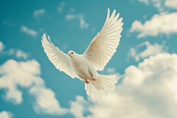 Fototapeta premium White Dove Soaring Against a Blue Sky with Wispy Clouds and Sunlight