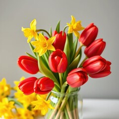 Vibrant red tulips and sunny yellow daffodils in a clear glass vase, leaf, freshness